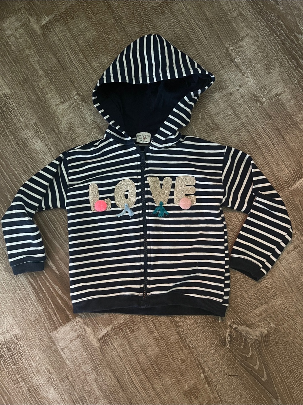 Zara Navy & White Striped Hoodie with LOVE Appliqué size 2-3